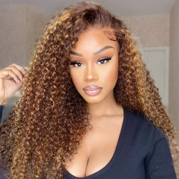 4/27 Honey Blonde With Brown Wig 360 Lace Curly Human Hair Wig 150% Density - 360 Lace / 150% / 18inch