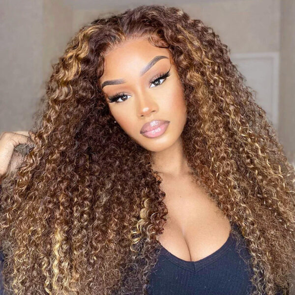 4/27 Honey Blonde With Brown Wig 360 Lace Curly Human Hair Wig 150% Density - 360 Lace / 150% / 18inch