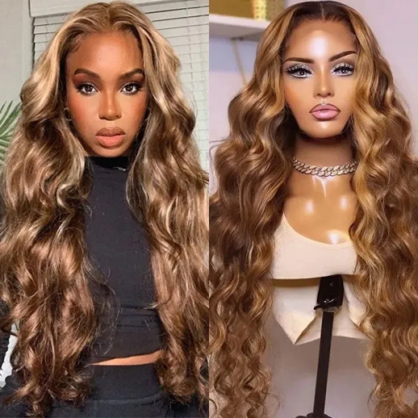 #5/27 Highlight Honey Blonde Wig Highlight Color Body Wave 4x4/13x4/13x6 Lace Wig - 4x4 Lace / Yes / 24inch