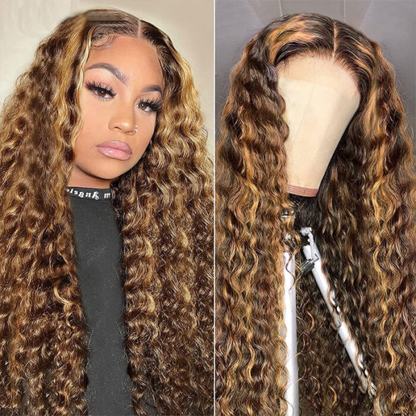 New Honey Blonde Highlight Color Curly 4x4 Frontal HD Lace Wig - 13x6 Lace / Yes（+） / 16inch