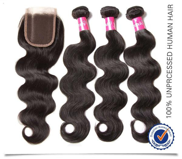 product-image-252120743_grande_4579975e-195e-4525-80e8-e05b7350ff9b Sunber Hair Virgin Malaysian Hair Body Wave 4 Bundles With 4*4 Lace Closure, Tangle Free, No Shedding - 20 22 24 26+20 / Free Part