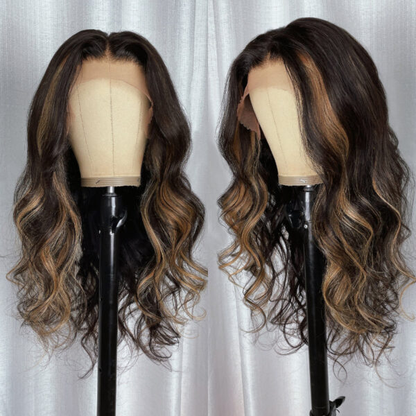 sunberlacefontwig01_a6afeb7b-19d9-493a-bc98-3e45ef060d76 Extra 70% Off Sunber 7×5 Bye Bye Knots Chocolate Brown With Blonde Highlights Pre-Cut Lace Body Wave Wig - 18 / 13×4 Pre-Everything