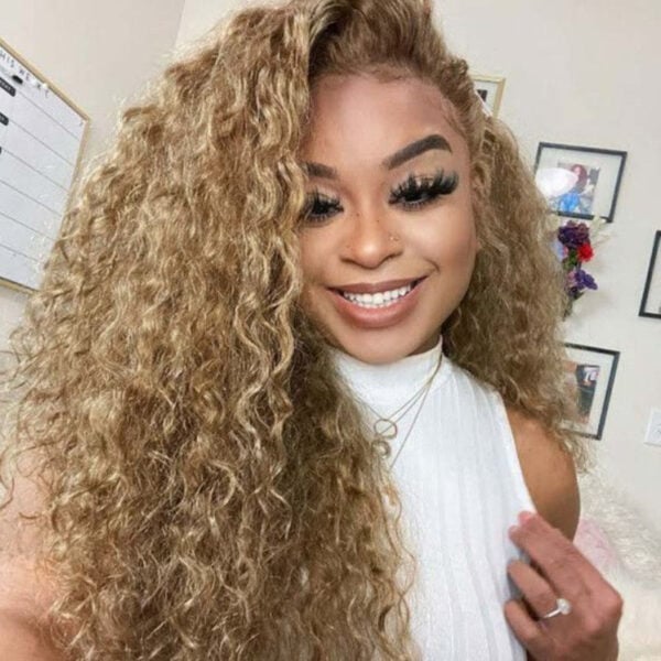 sunberlacewig01 Sunber Honey Blonde Water Wave 13x4 Lace Front Wig With Baby Hair For Women - 14 / Luxury Density