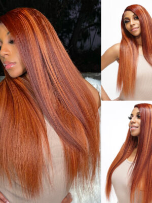 0 OFF Sunber Kinky Straight 13*4 Pre-Everything Wig Ginger Copper Red Highlight Lace Front Wigs - 16 / 13x4 Lace-Kinky Straight