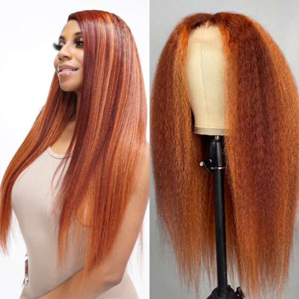0 OFF Sunber Kinky Straight 13*4 Pre-Everything Wig Ginger Copper Red Highlight Lace Front Wigs - 18 / 13x4 Lace-Kinky Straight