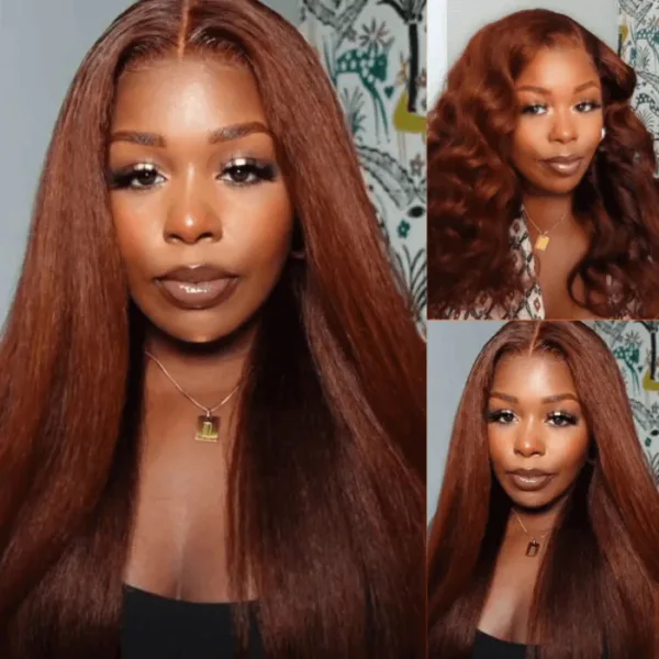 sunberreddishbrownwig_1 50% OFF Sunber Kinky Straight Reddish Brown Lace Front Wig Dark Auburn Copper Color Human Hair Wigs - 24 / 13*4 Lace Frontal