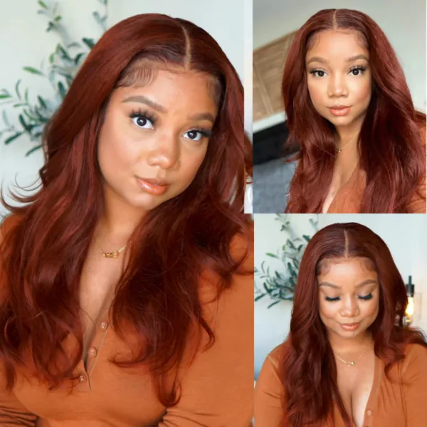 sunberreddishbrownwig_2 50% OFF Sunber Kinky Straight Reddish Brown Lace Front Wig Dark Auburn Copper Color Human Hair Wigs - 24 / 13*4 Lace Frontal