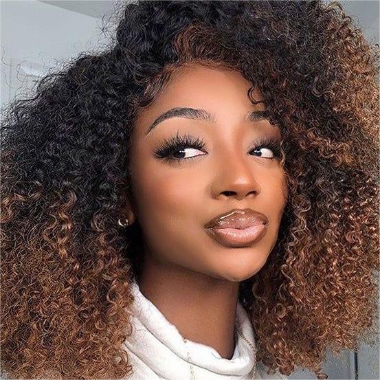 t1b01 Ombre Color Curly Wig Lace Closure Wig Black With Medium Brown Human Hair Wig - 13x4 Lace / 180% / 28inch