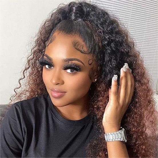 t1b02 Ombre Color Curly Wig Lace Closure Wig Black With Medium Brown Human Hair Wig - 13x4 Lace / 180% / 28inch