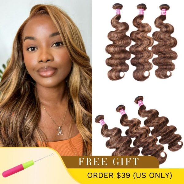 Sunber Ombre Blonde Highlight Body Wave 3 Bundles Human Hair Weave Extensions - 26 26 26