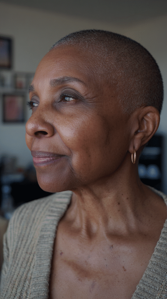 Layered buzz cut that’s ultra-short and designed to emphasize facial features.