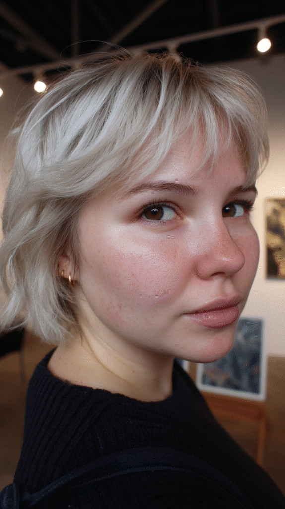 Dynamic choppy shag haircut with eye-catching platinum highlights for added dimension and drama.