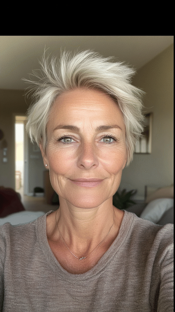 Classic pixie cut on a woman over 60 with silver hair styled close around the ears and tapered at the neck.