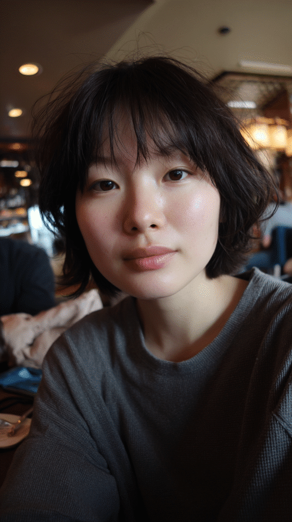 Woman with soft, wispy bangs and layered short shag haircut, perfect for adding gentle volume to fine hair.