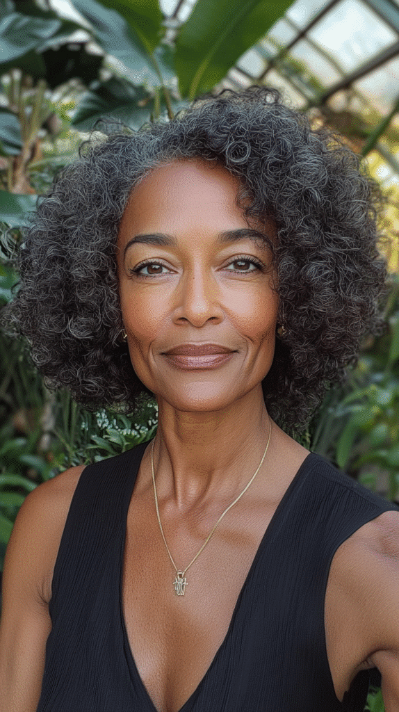 Curly tapered cut enhancing natural curls with a shape that’s full at the top and tapered at the neck.