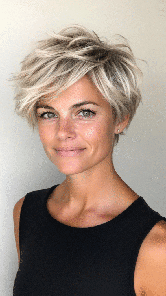 Bold short razored shag haircut with sharp layers and platinum highlights, styled for a modern, edgy look.