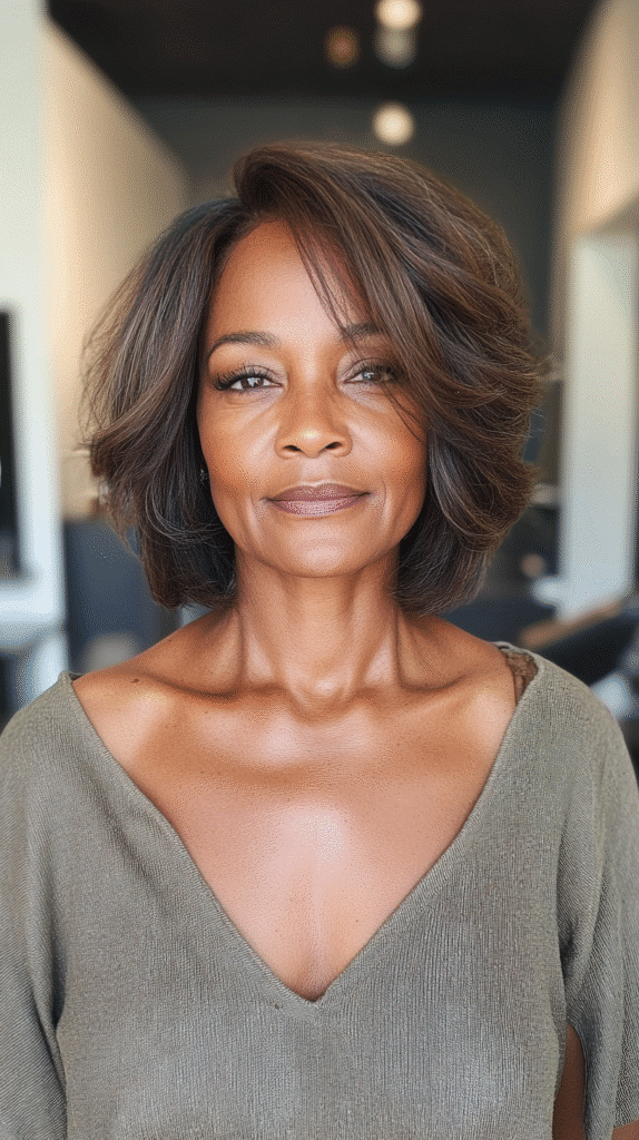 Layered bob haircut featuring soft, voluminous layers that add body and frame the face beautifully.