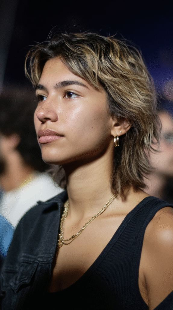 Edgy modern mullet hairstyle featuring bold shag layers, combining retro vibes with contemporary style.