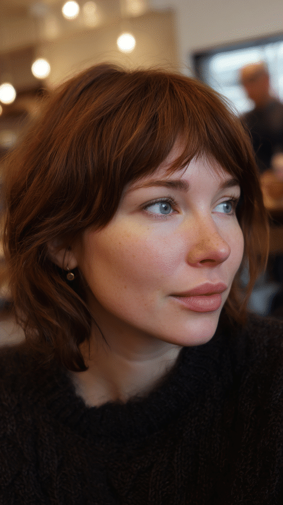 Flirty piecey shag hairstyle with soft side bangs, creating a polished yet playful appearance.