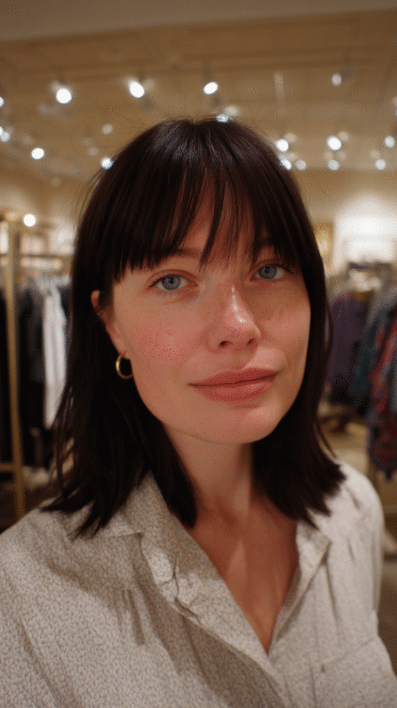 Fashion-forward shag haircut with dramatic blunt bangs, creating a bold and statement-making look.