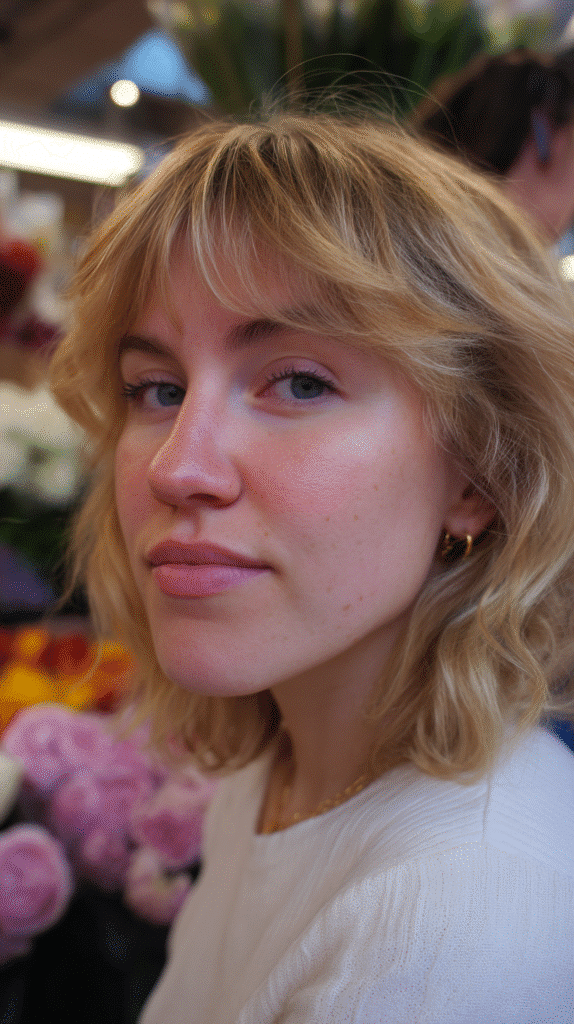 Fresh shaggy bob with delicate baby lights throughout, adding soft brightness and dimension.