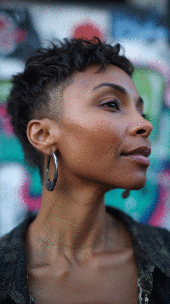 Bold shaggy pixie cut with an undercut, combining edgy style with confident, modern appeal.
