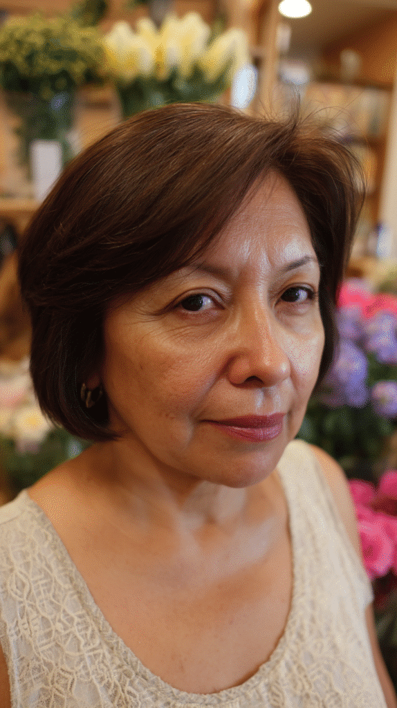 Short A-line bob angled longer in the front to elongate the jawline and flatter the face.