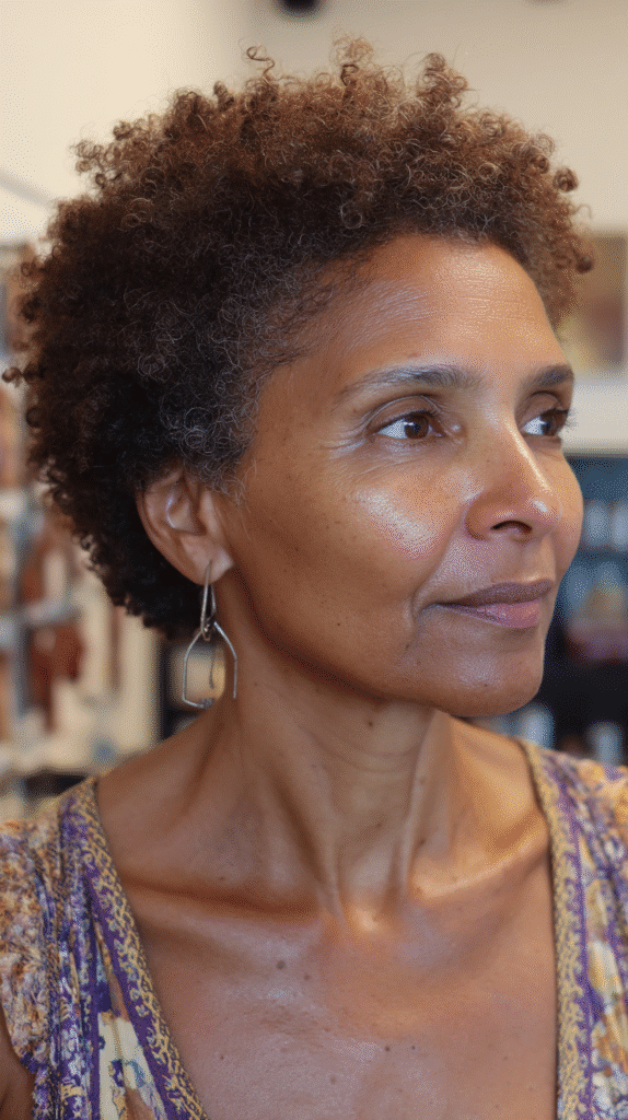 Short curly afro celebrating tight natural curls in a neat, rounded silhouette.