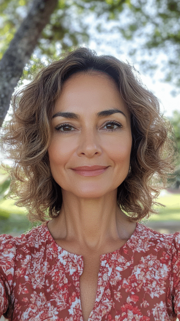 Short layered curls that lift and frame the face with vibrant bounce.

