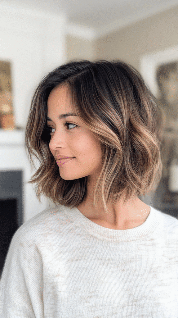 Trendy short shag hairstyle with warm caramel balayage highlights, adding depth and brightness.