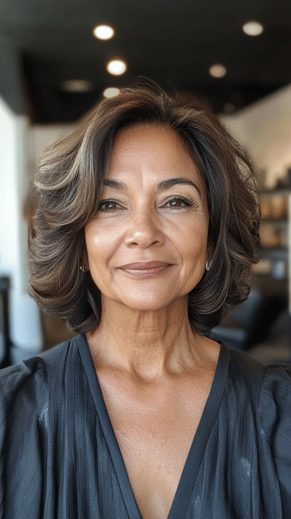 Side-parted bob with clean lines and volume-enhancing shape for a flattering effect.