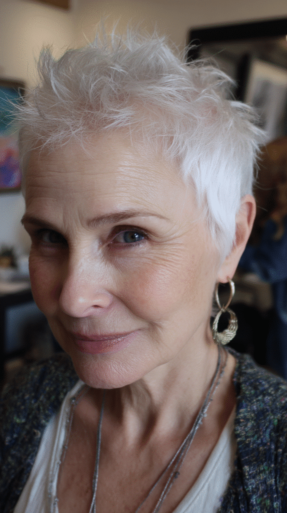 Silver spiky crop styled with upward texture and shine to highlight natural gray tones.