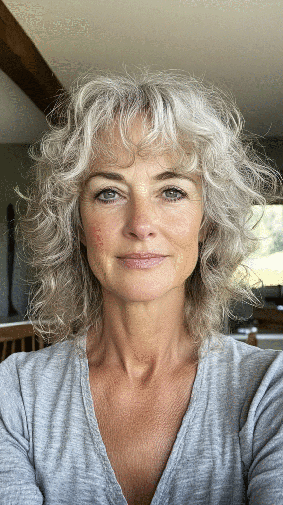  Soft curls paired with delicate bangs for a retro-inspired, romantic look.

