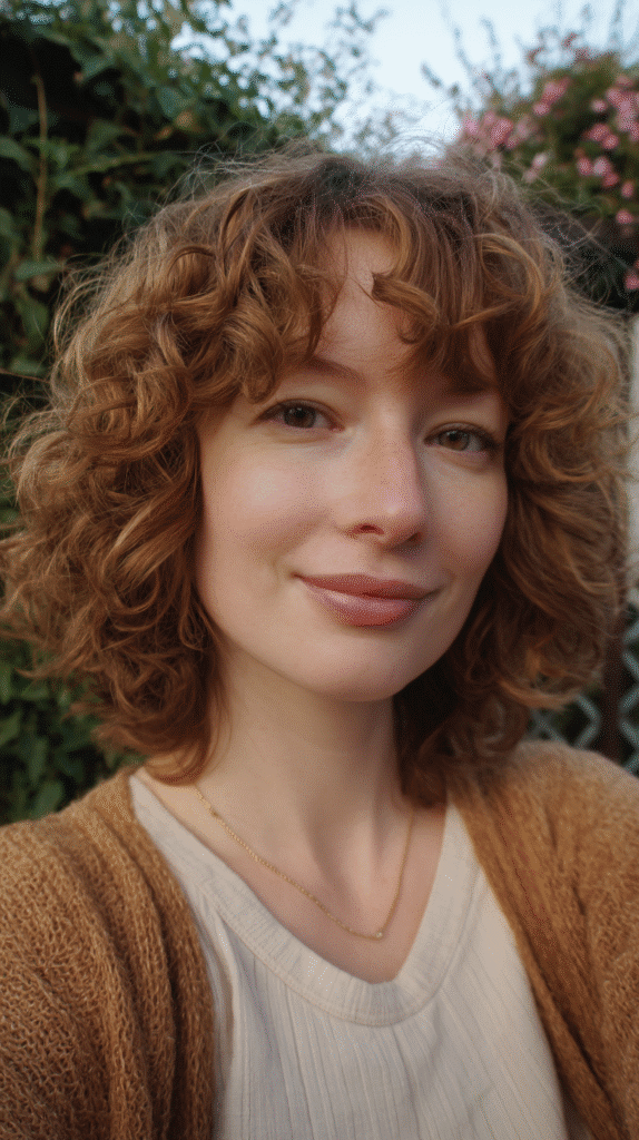 Feminine shag hairstyle with soft, flowing curls, adding romantic movement and texture.