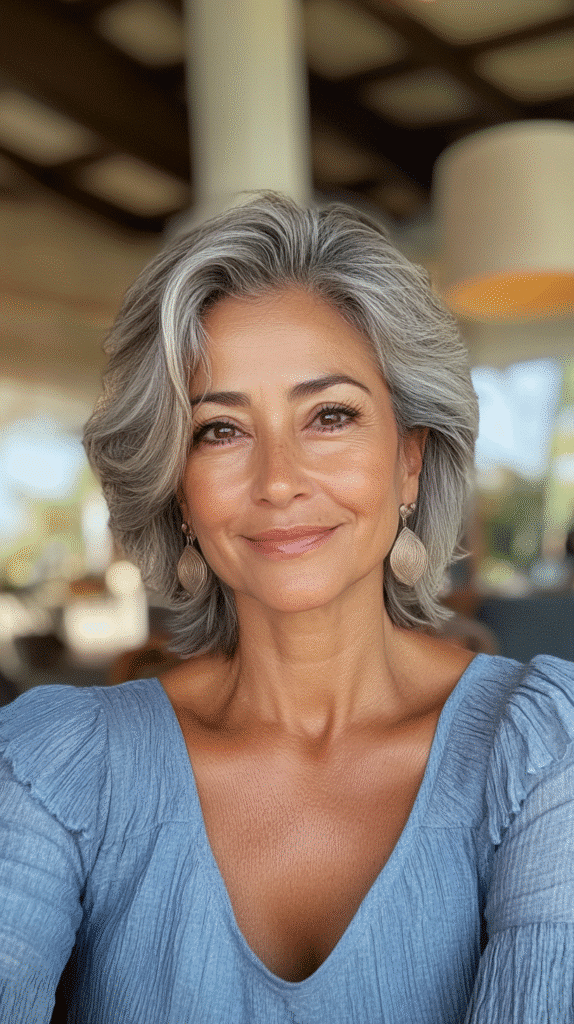 Soft shag hairstyle with feathery layers providing volume and a youthful, textured finish.