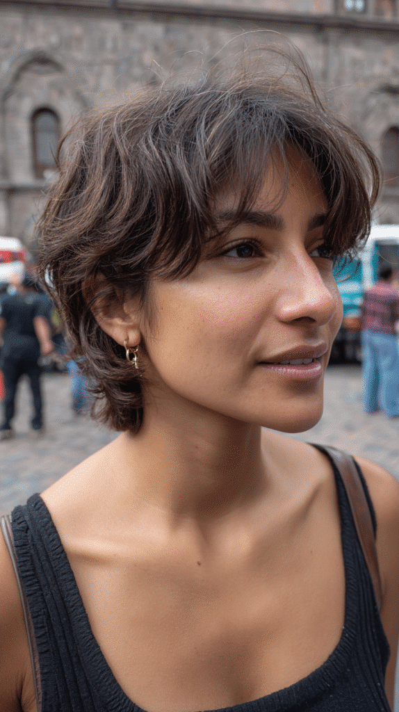 Effortless tousled short shag hairstyle with a center part, ideal for creating a balanced and modern silhouette.

