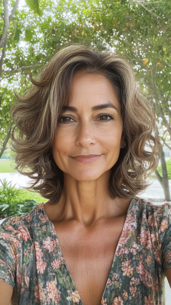 Wavy tapered bob with gentle curls and a neat shape that’s both elegant and easy.