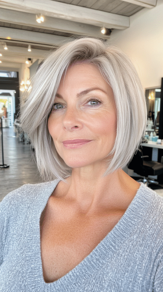 Twisted updo hairstyle interwoven with gray highlights.