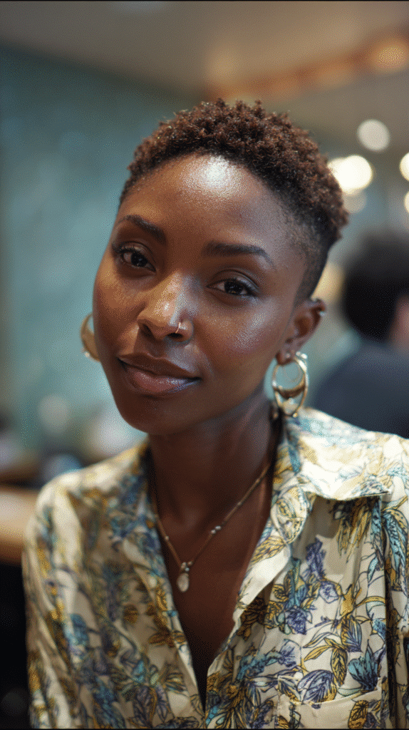 A 29-year-old woman with an asymmetrical pixie cut and a subtle undercut, styled in a modern salon with focus on the edgy haircut.