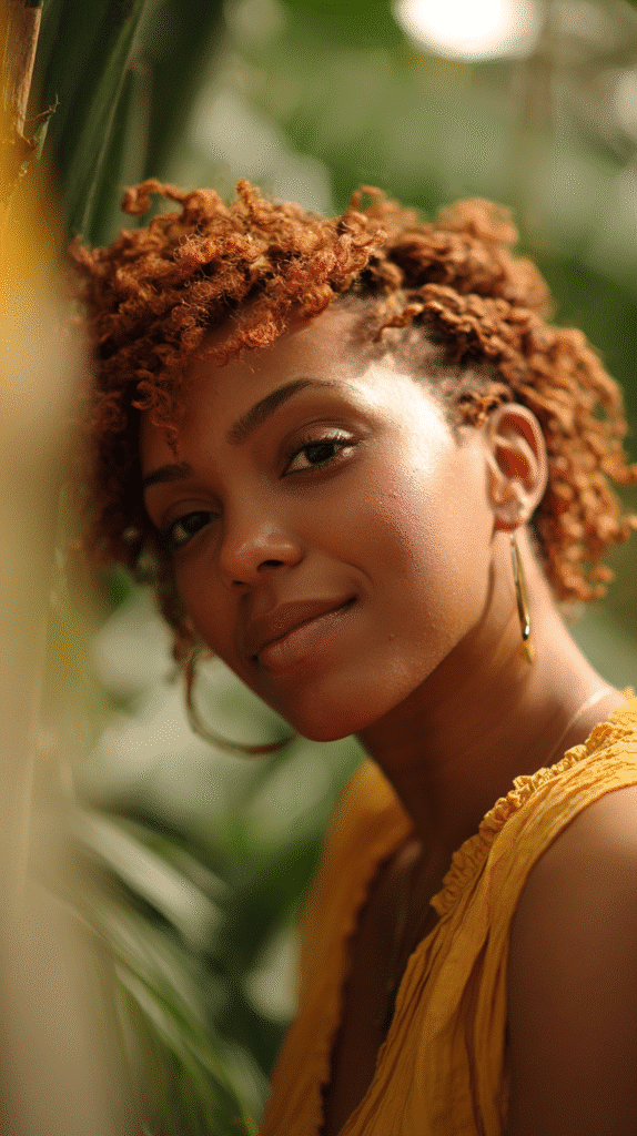 Auburn twist-out with defined, soft curls against a botanical garden backdrop.