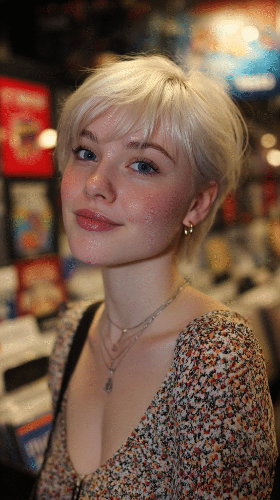 A 23-year-old woman with baby bangs on a short crop, shown in a record store with retro vibes.