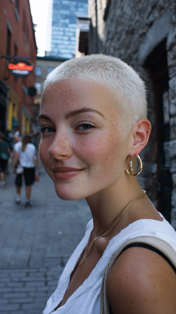 A 24-year-old woman with a bleach blonde buzz cut and side slits, styled in a downtown alleyway.