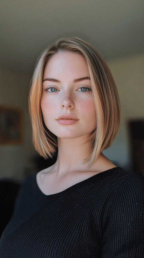 Blunt bob haircut with middle part, sleek and straight to the chin.