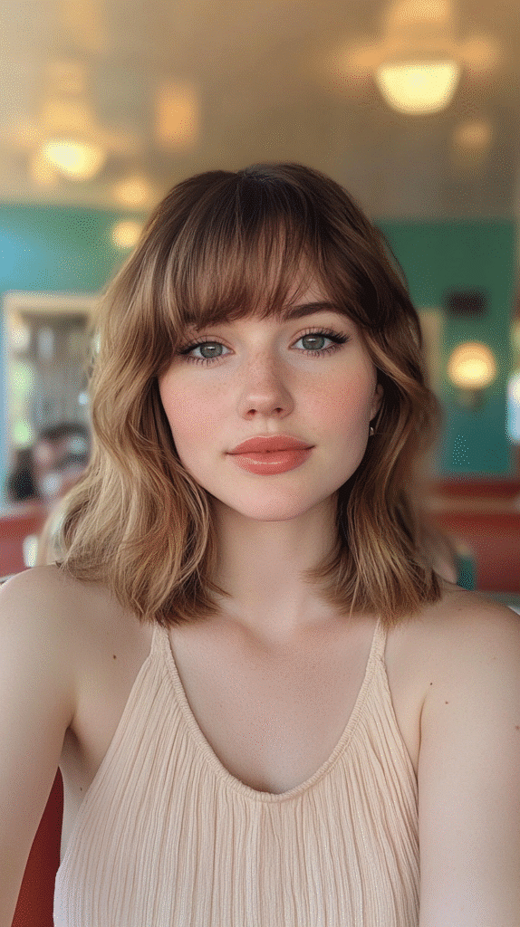 Chin-length bob with curtain bangs and face-framing shape.