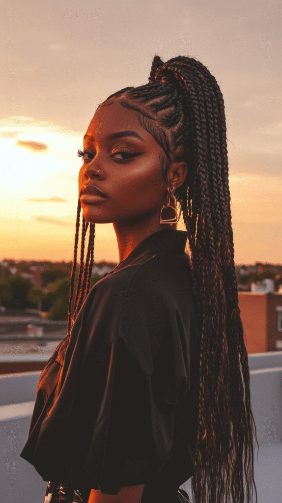 Long box braids pulled into a high ponytail with a sleek finish.