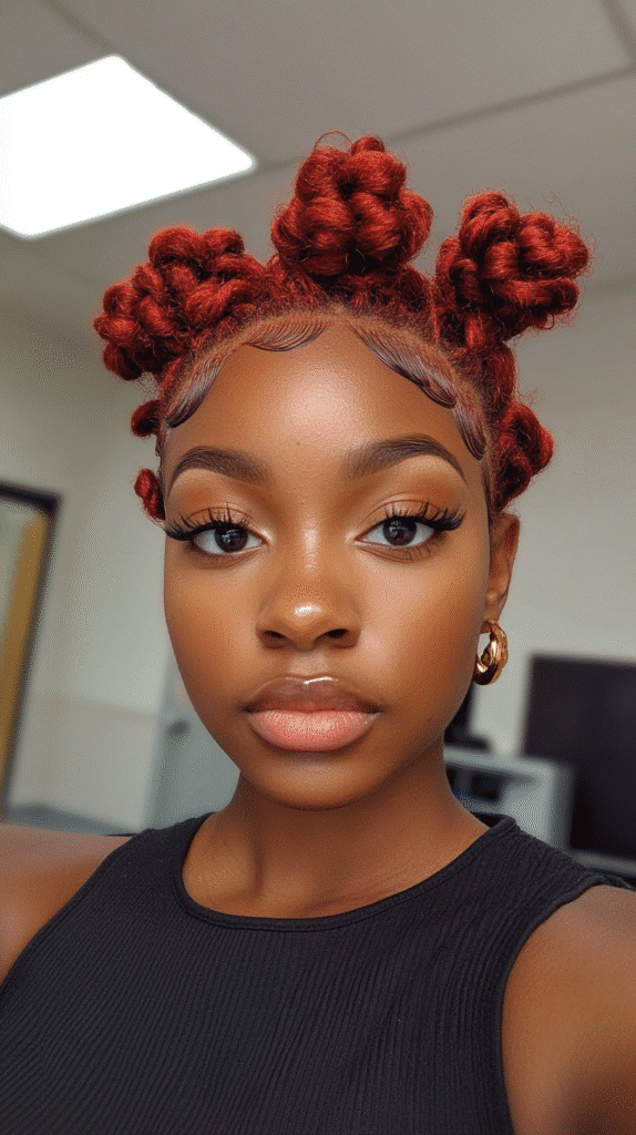 Bright red Bantu knots styled symmetrically in a dance studio setting.