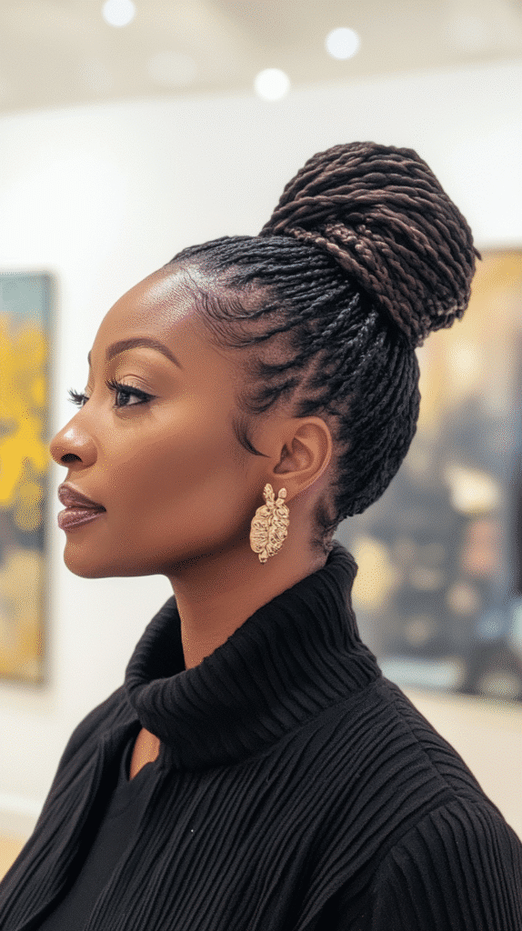 Woman with a sleek bun and cornrow braids framing her hairline.

