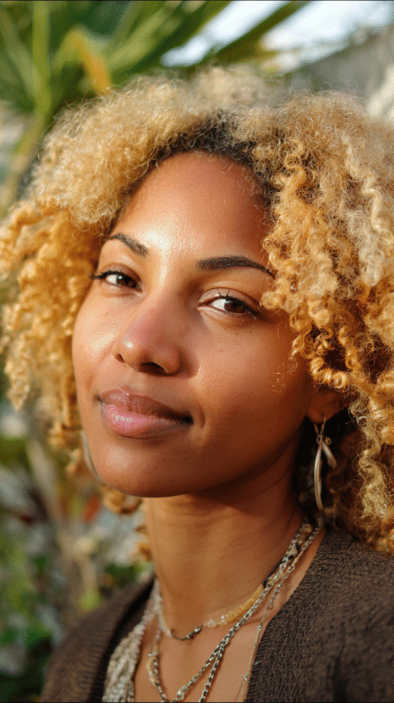 Black woman styled in rich butterscotch blonde curls, adding radiance and volume.