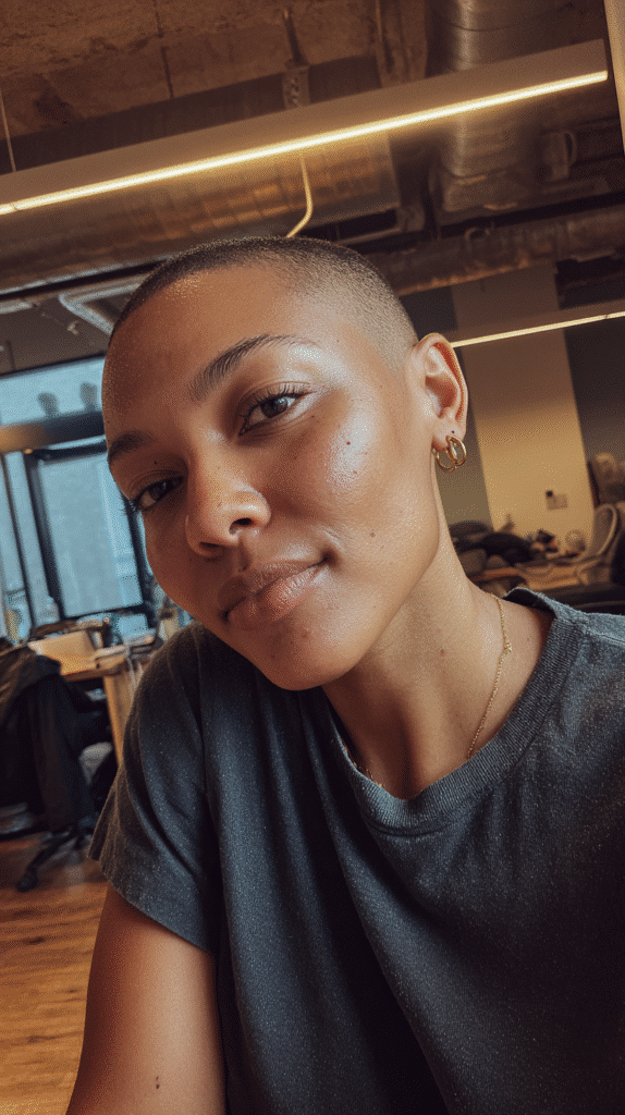 Buzz cut hairstyle with ultra-short, even length.