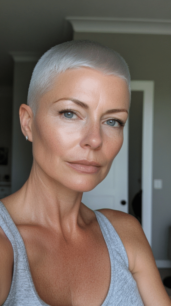 Buzz cut dyed with bold silver overtones over a dark base.